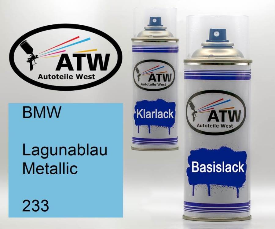 BMW, Lagunablau Metallic, 233: 400ml Sprühdose + 400ml Klarlack - Set, von ATW Autoteile West.